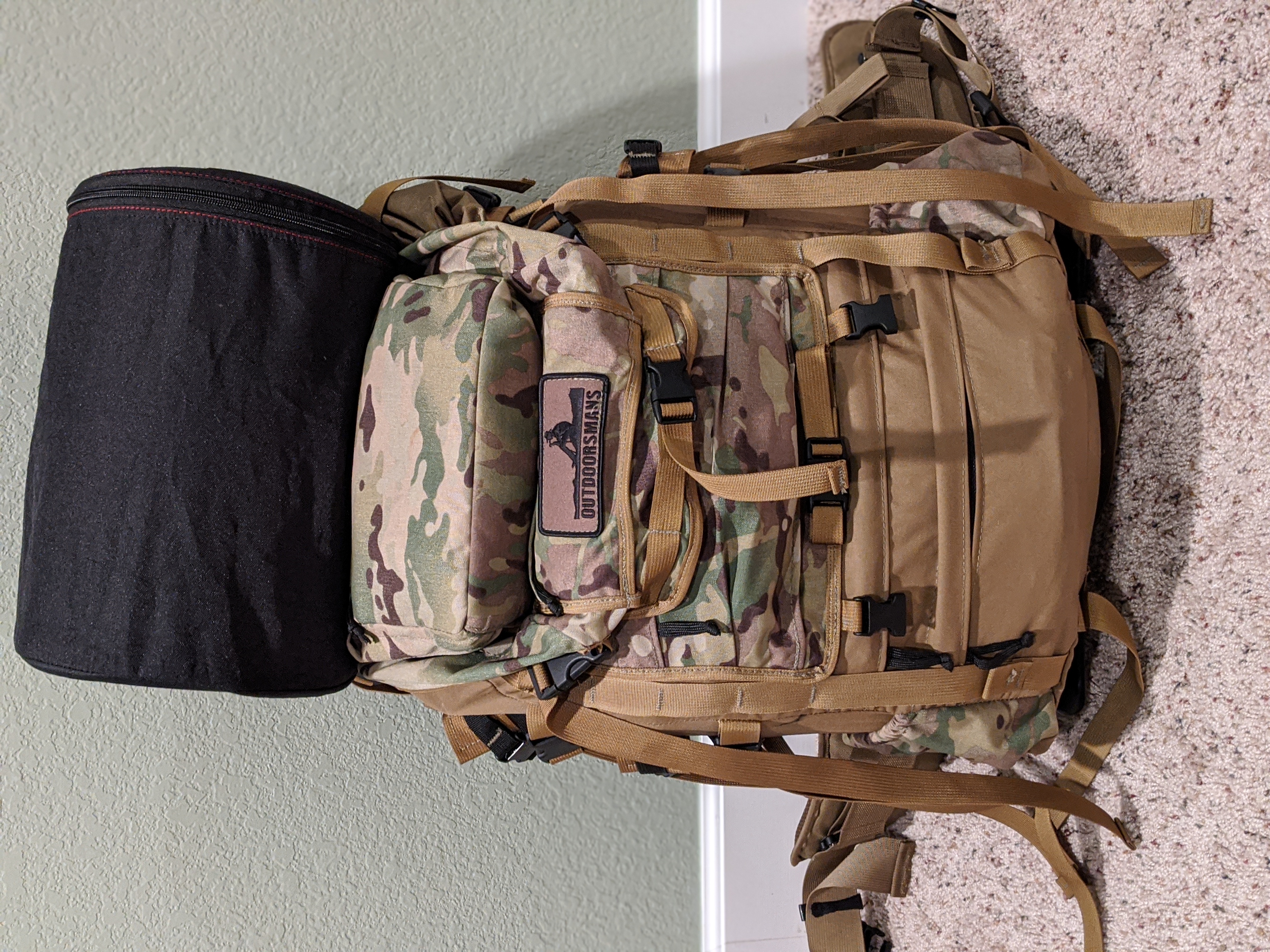 The Counter Assault Bear Keg in it's storage bag atop my Outdoorsman's Long Range bag.