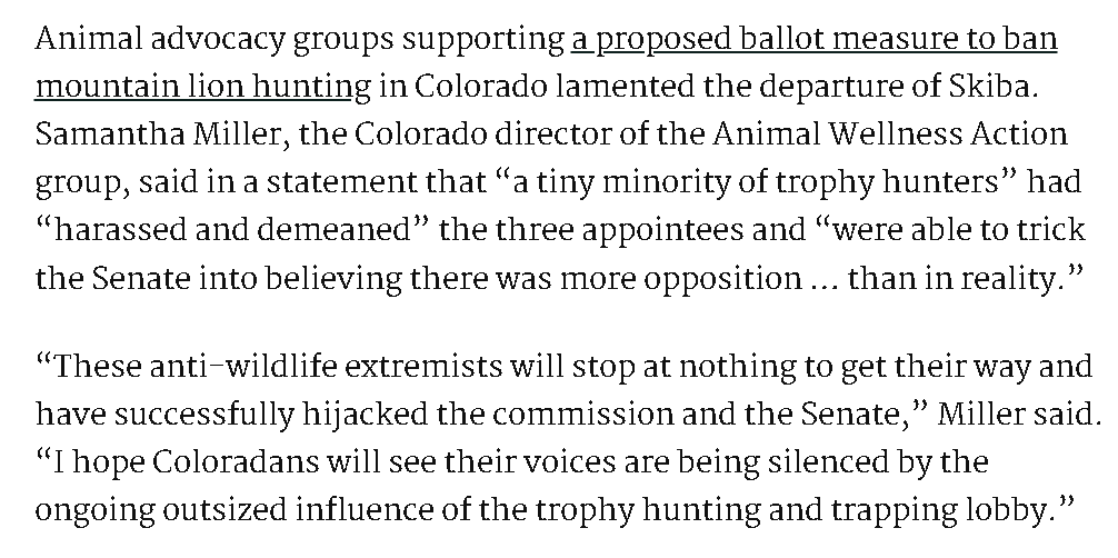 An Excerpt from the Colorado Sun article detailing Samantha Miller calling us trophy hunters.
