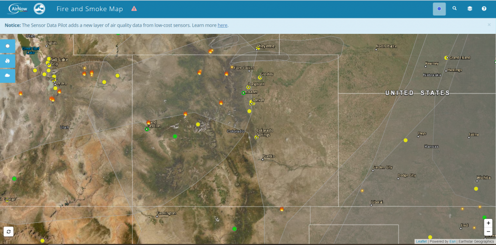 Colorado wildfire smoke plume impact by way of AirNow's map.