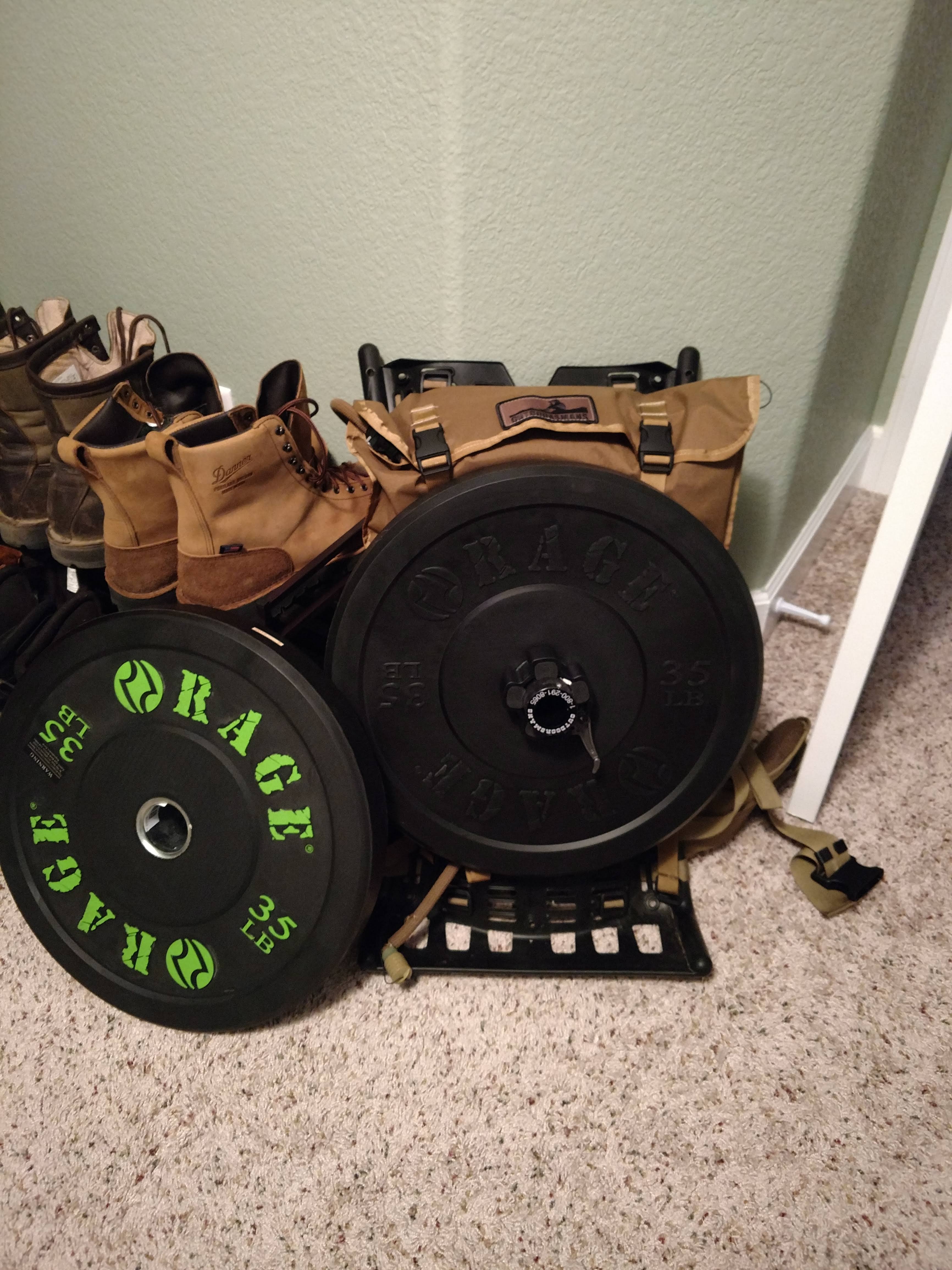 The Outdoorsmans Atlas Trainer can hold one Olympic bumper plate or two steel plates.
