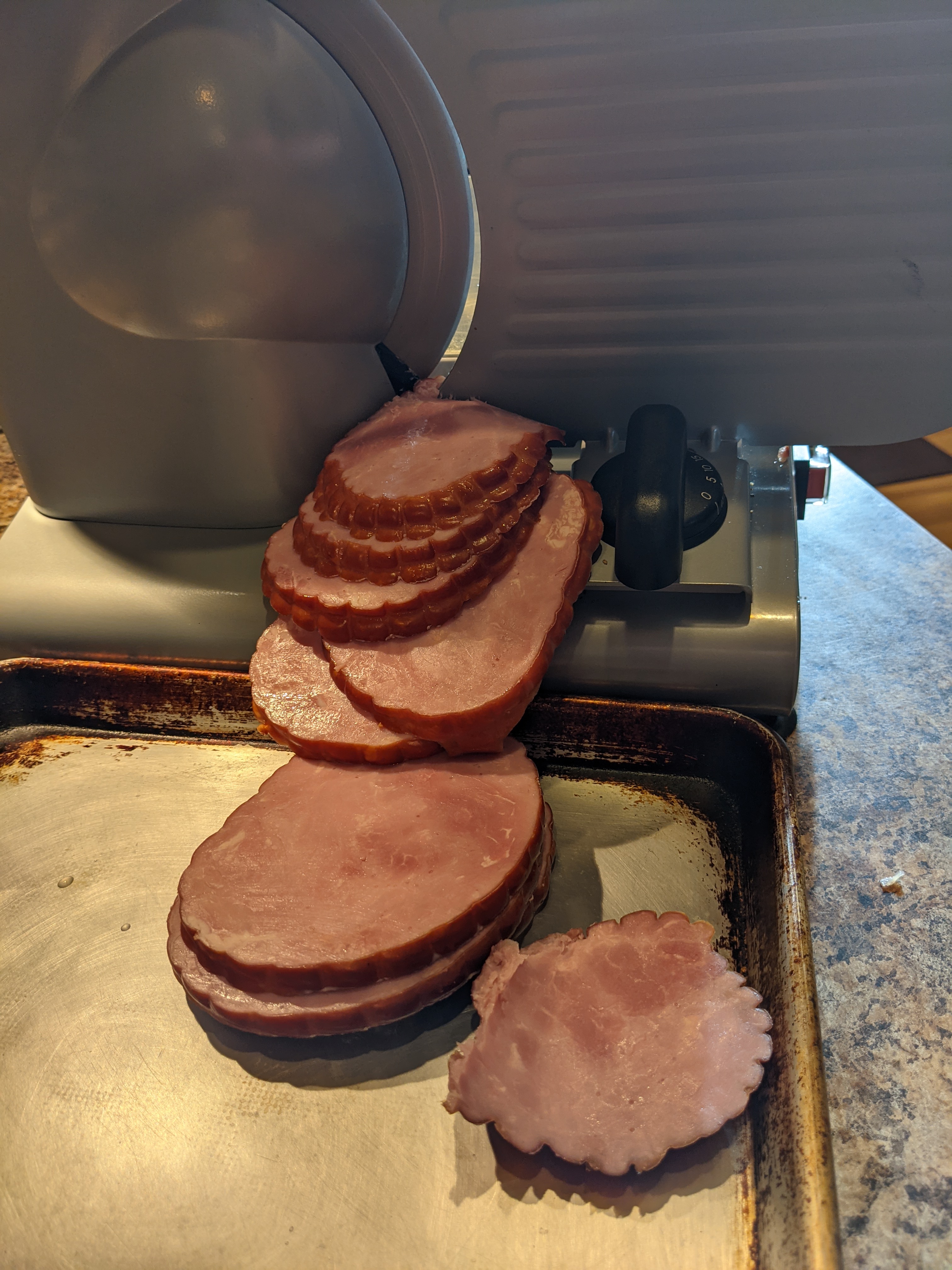 Tavern ham cut neatly by the Weston 9" slicer.