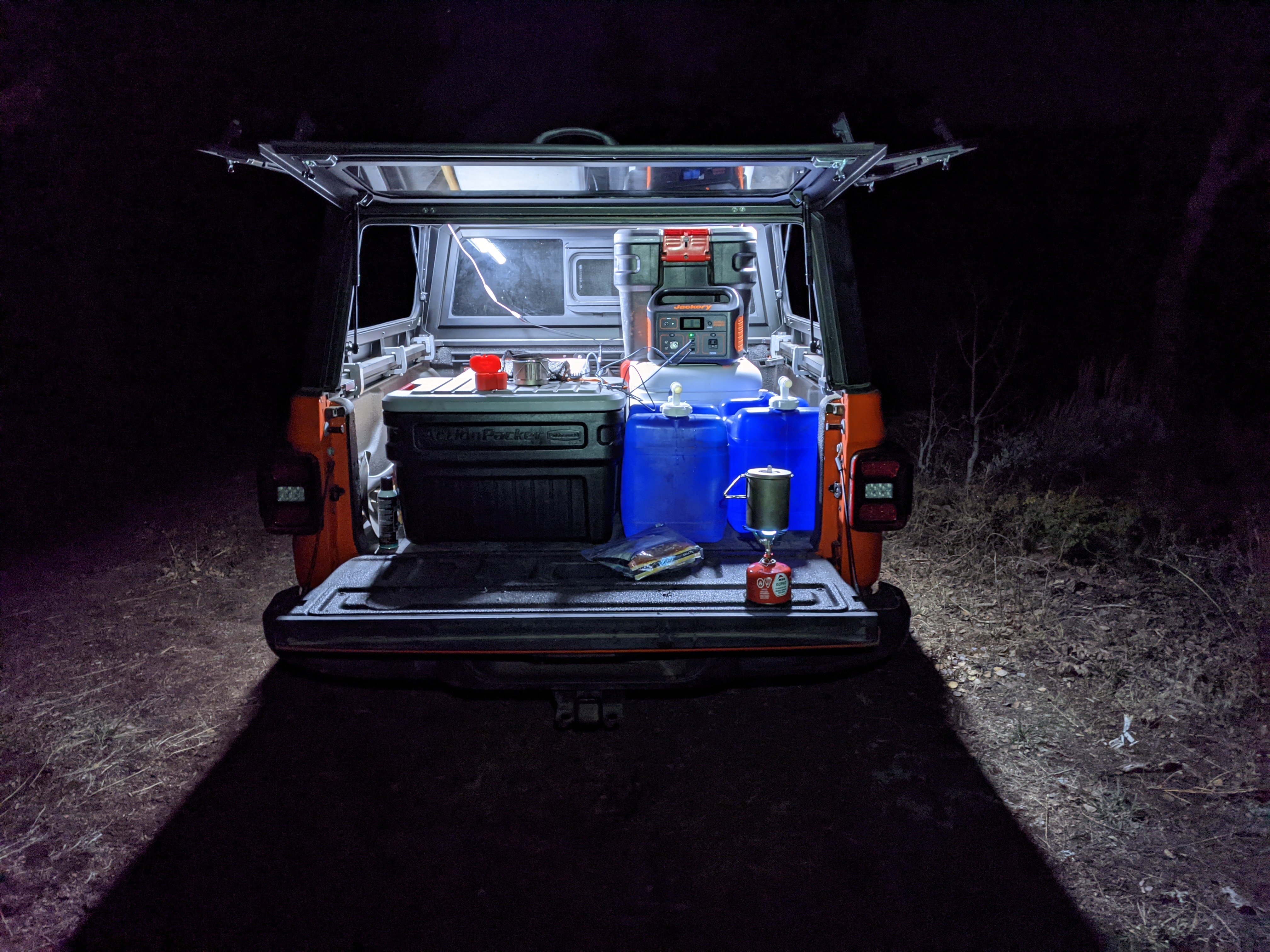 The Jackery 500 front and center in my early morning setup. Cooking breakfast, running lights, and charging gear at 4:23am on the tailgate before heading out for the day.