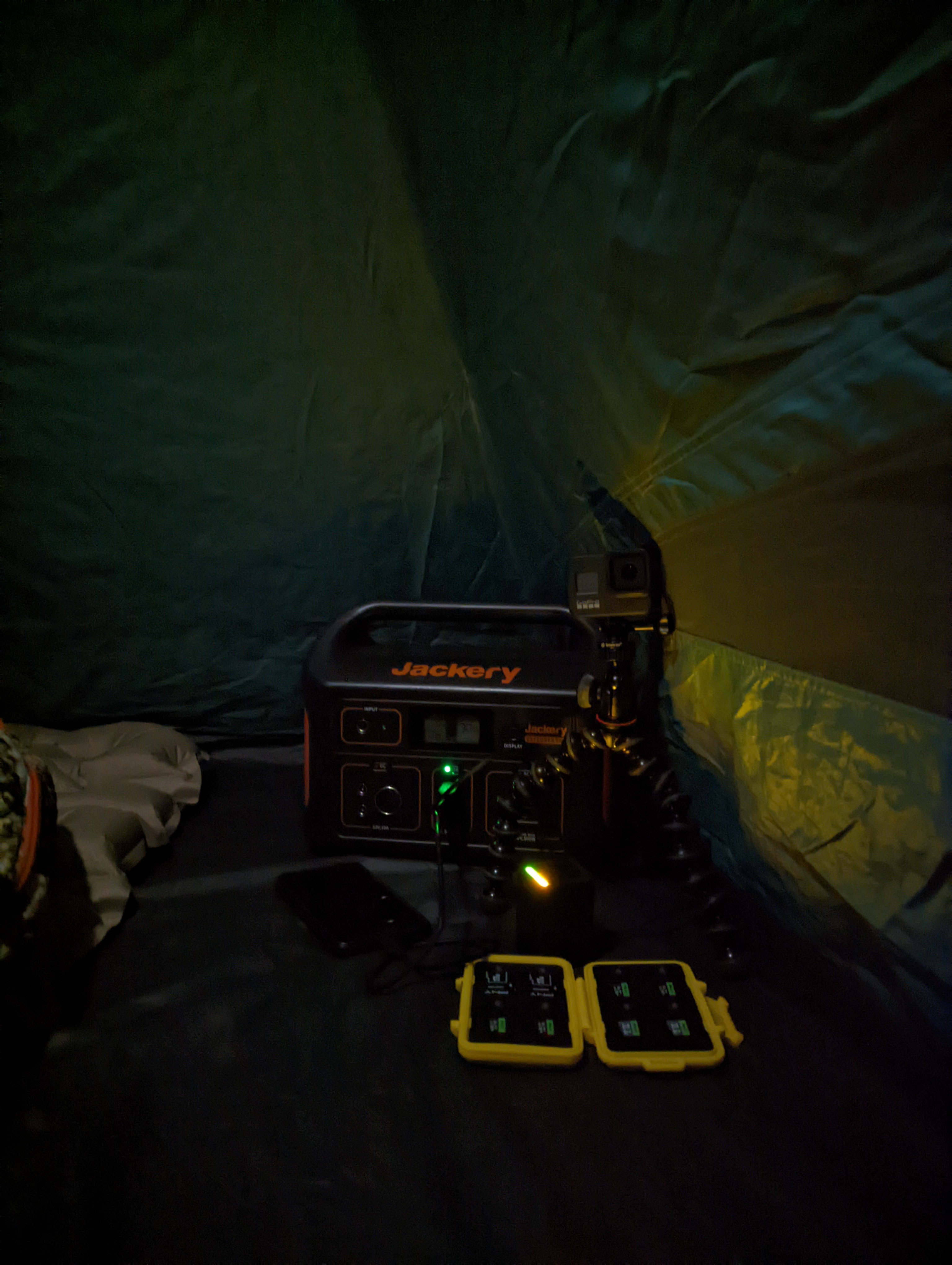 Tent charging for GoPro and phone at night from the Jackery Explorer 500.