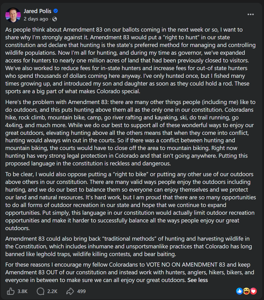 The Colorado Governor Polis urging people to vote no on Amendment 83. I disagree.